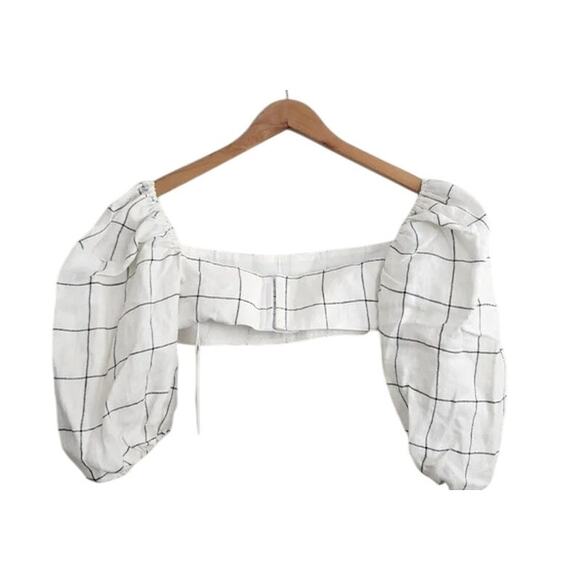NWT Rumer Quinn Plaid 3/4 Puff Sleeves Linen Crop Top Back Clasp Closure M Ivory - Picture 13 of 15